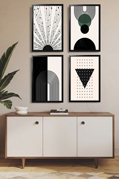 Erfa Concept Dinamik Modern Dörtlü Set Siyah Ahşap Çerçeve Görünümlü Mdf Tablo