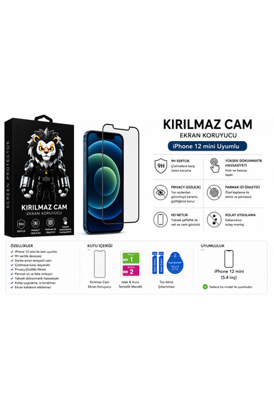 Kırılmaz Cam Ekran Koruyucu Privacy – iPhone 12 mini Uyumlu - 9h Tamperli Cam