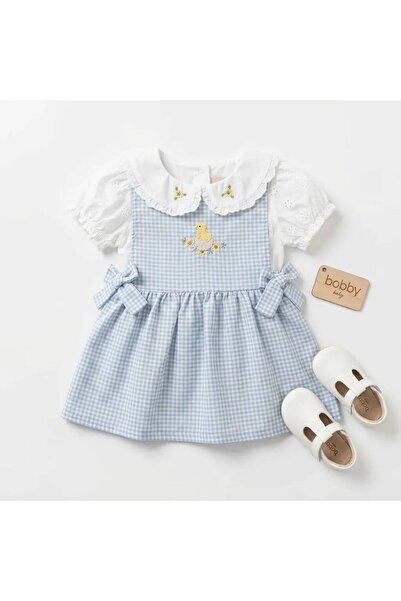 Luna Kids Store Flower Collar Chick Embroidered Baby Girl Dress Blue