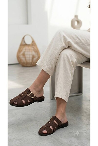 en7 Γυναικείες παντόφλες με χρυσή πόρπη H Model Bitter Brown, Suede Daily Fla...