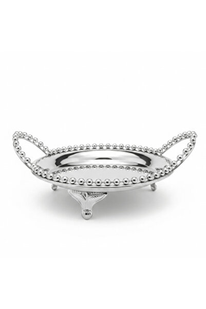 AKDC Silver Metal Round Candy Tray with Decorative Beaded Rim and Ornate Handles