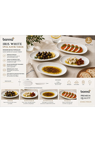 Bonnami Bonna Iris White Porcelain Oval Kayık Plate 25X19 cm - Modern White K...