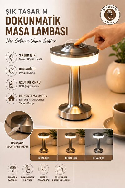EYSA HOME Gümüş Renkli Dekoratif Dokunmatik Masa Lambası Şarjlı Edilebilir