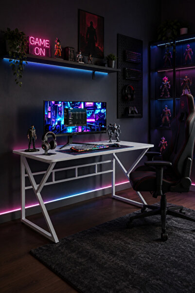 Hagen Oyuncu Masası 120x60 cm Beyaz Metal Ayak Ahşap Tabla Gaming Bilgisayar ...