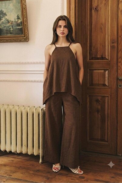 Suziş Brown Jumpsuit with Stone Accents on the Front and Thin Straps Per3464