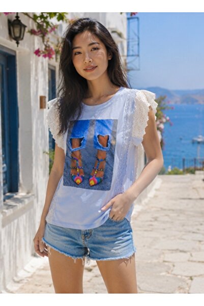 Arzulica Printed Scallop Detail Crew Neck T-Shirt