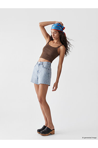 LC Waikiki Blue High Waist Stoned Women's Jean Shorts