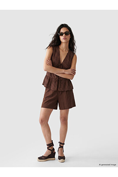 LC Waikiki Brown Linen Blend Pleated Women's Shorts