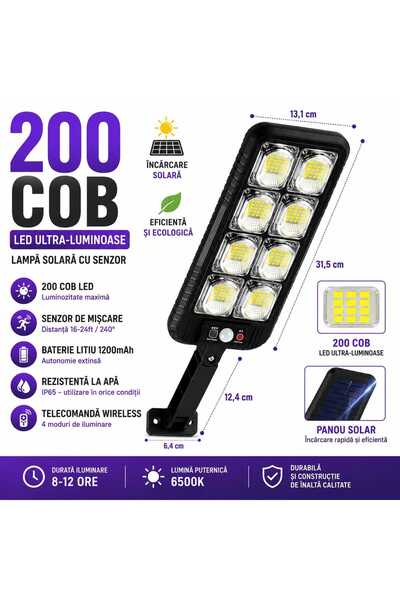 ASMXX Lampă Solară LED 200 COB cu Senzor de Mișcare, Telecomandă, IP65, Încărcare Solară, Iluminare 6500K, Autonomie 8-12 Ore, pentru Curte, Grădină, Garaj, Alee