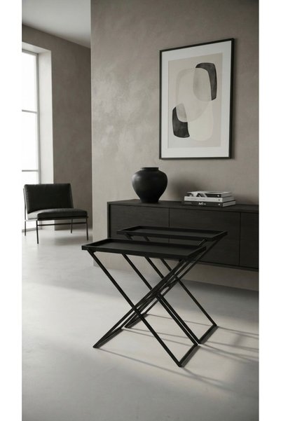 clivo home Double Serving Table with Modern Design and Black Iron Base, Serving Table, Black Base Serving Trays, Black Wood 90*90*35 / 80*90*35