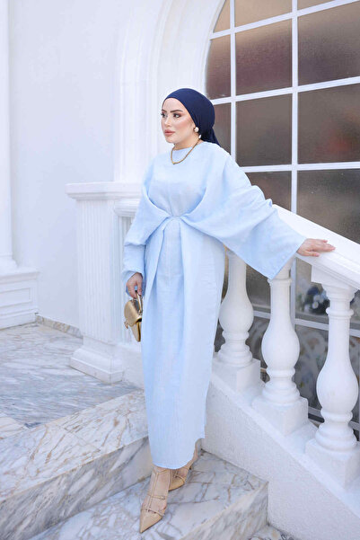 İmajButik Bebe Mavi Bağlama Detaylı Salaş Müslin Elbise