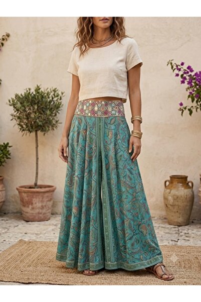 AYASOFYA OTANTIK Women's Indian Elastic Waist Ethnic Patterned Silk Trousers ...