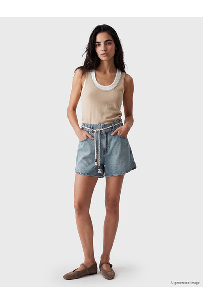LC Waikiki Indigo Women's Jean Shorts with Belt