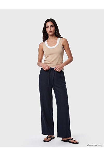LC Waikiki Lcw Vision Navy Blue Elastic Waist Linen Blend Women's Trousers