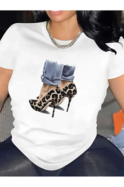 1001 Line Chic Leopard Pattern High Heel Graphic T-Shirt Women - Fashionable ...