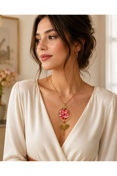 SUNKRIS Colier SAKURA ROUGE – Handmade din Rășină și Oțel Inoxidabil Auriu