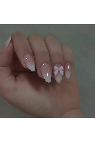 Choice7 GRAY 24pcs Long Almond Fake nails，pink French Bows and pearls on nail...