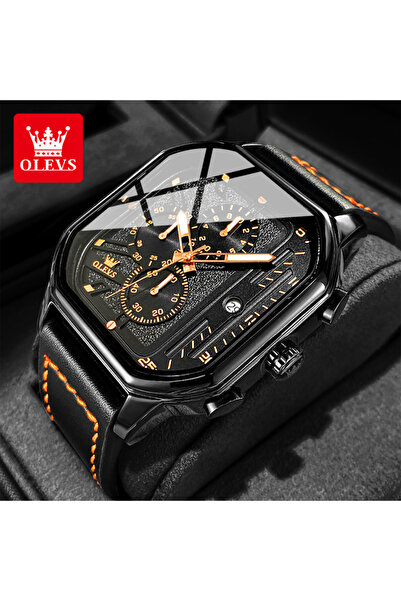 Choice1 All Black OLEVS 9950 Square Man Watch Fashion Leather Strap Multifunc...
