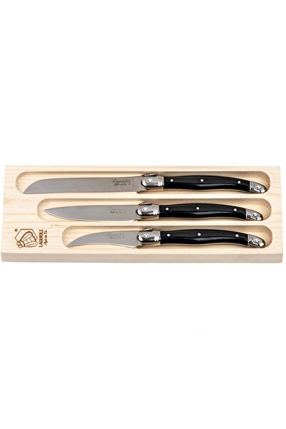 OEM Set de 3 cutite cu suport, Laguiole, inox, negru/bej