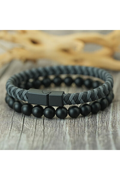 Choice3 GreyBlack Fashion 2Pcs/set Leather Rope Beaded Bracelet Men Handmade ...