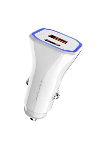 WuW Type-C + USB Port Fast Charging Car Charger 2.4A- White