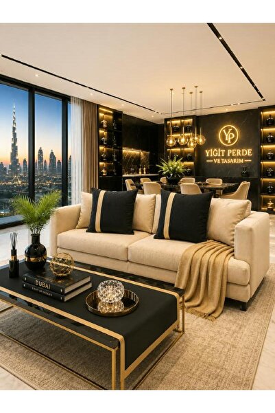 YİĞİT PERDE TASARIM Dark Beige Color on Black, Velvet Textured, Double 45X45 ...