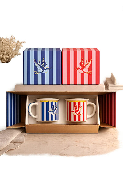LinkaHome 2-Piece Bi̇rd Ri̇bbon Premium Porcelain Mug Set with Gift Box