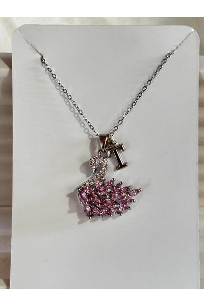 bijoux uniques 316L Steel Pink Zircon Stone Swan t Letter Necklace
