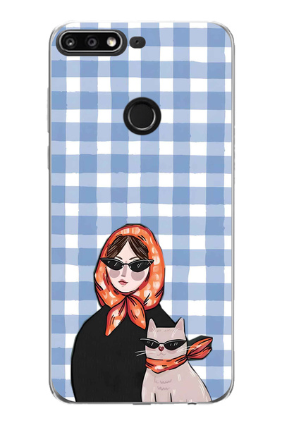 FLAMENKO Huawei Y7 2018 Compatible Women's and Cat Patterned Transparent Phon...