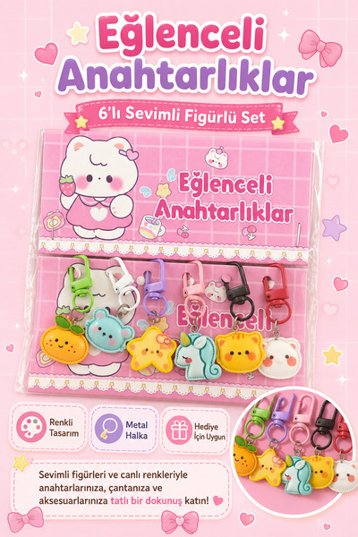 GÜZELYÜZ AVM 6 Adet Sevimli Figürlü Fermuar Süsü ve Çanta Charmı Seti Anahtar...