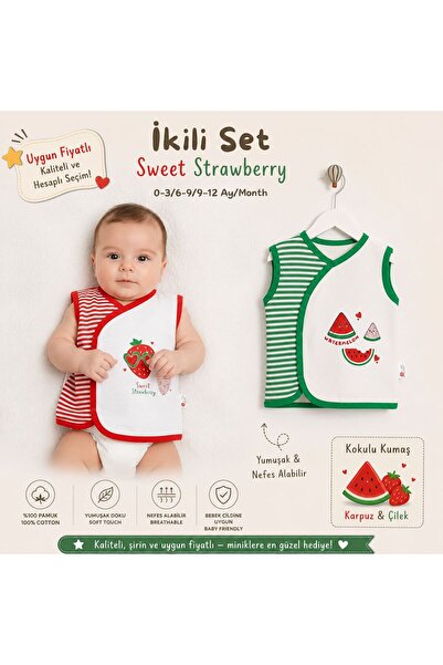 BEFS STORE KARPUZ ve ÇİLEK Kokulu % 100 pamuk'lu 2'Lİ set Bayb yelek 0-9 Ay Y...
