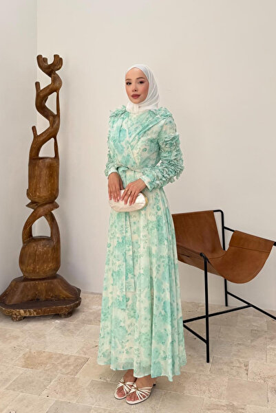 fushya design Kol Fırfır Detaylı Desenli Şifon Elbise
