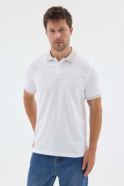 İmza White-Grey Polo Collar Pique Short Sleeve Slim Fit 100% Cotton T-Shirt 1...