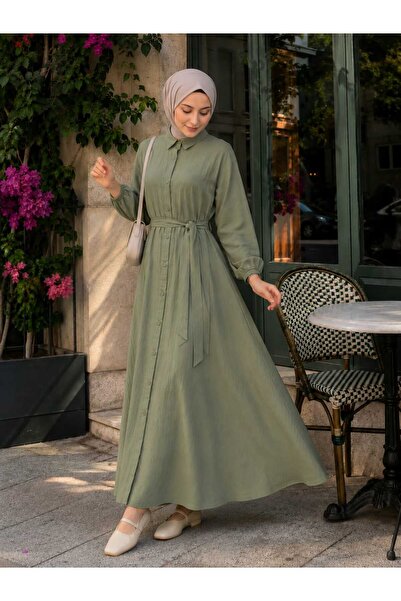 Esra Butik78 Çilek Kumaş Boydan Düğmeli Belden Kuşaklı Tesettür Elbise – Siya...