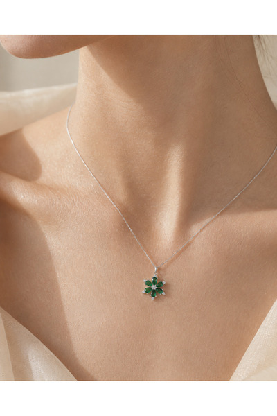 sara silver 925 Ayar Gümüş Zirkon Taşlı Lotus Çiçek Kolye