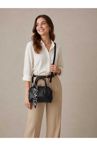 ALCONDZEND Women's Black Leather Handbag and Cross Shoulder Bag & Scarf Detailed Daily Bag with Adjustable Strap