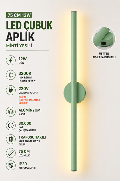VOLTERRA 75 CM 12 WATT DEKORATİF ÇUBUK APLİK MİNTİ YEŞİLİ KASA GÜNIŞIĞI