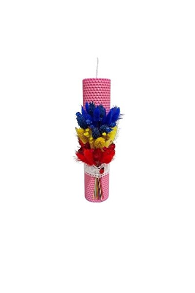 OEM Lumânare de botez tip fagure pentru fetiță, decorată cu flori uscate (Tri...