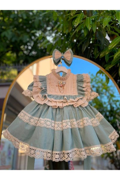 Sare Çocuk Giyim Girl's Green Lace-Up Vintage Birthday Dress + Buckle