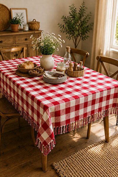 Kyrotech Cotton Gingham Red and White Tablecloth 170X170 Cm, Knotted Edge Squ...