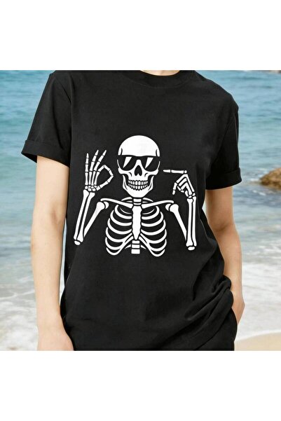 212Wear 100% Cotton Black Women's T-Shirt, Cool Skeleton 67 Hand Gesture Prin...
