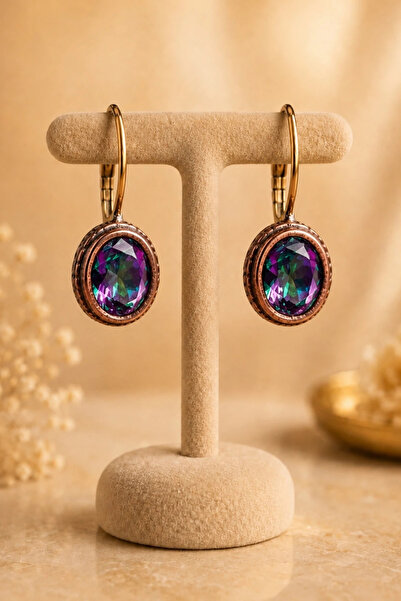 OSMANLI GÜMÜŞ Women's Earrings Copper Mystic Topaz Natural Stone Oval Model W...