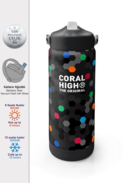 Coral High Black Colored Honeycomb Patterned Steel Thermos with Folding Spout...