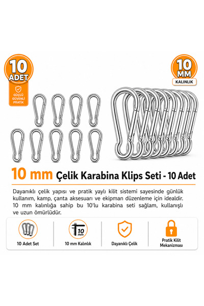 Campesnt 10 mm Çelik Karabina Klips Seti 10 Adet – Dayanıklı Yaylı Kilitli Ka...