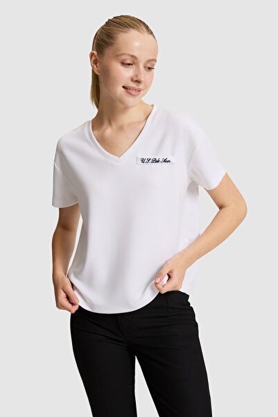 U.S. Polo Assn. Kadın Beyaz V Yaka Tişört 50323493-VR013