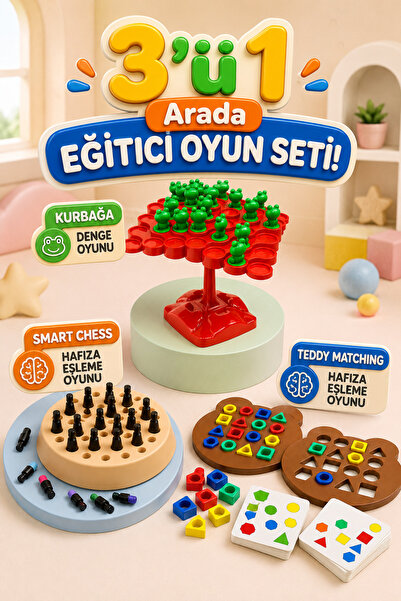 M&H 3'lü Oyun Seti - Kurbağa Denge - Smart Chess - Teddy Matching - Eğitici v...