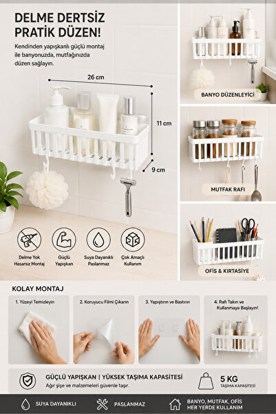 GenelTedarik Kendinden Yapışkanlı Banyo Rafı 26x11x9 cm Delmeden Montaj Mutfa...