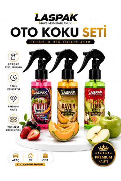 LASPAK 3'Lü Sprey Oto ve Oda Kokusu Seti | Uzun Süre Kalıcı Ferah Ortam Kokus...