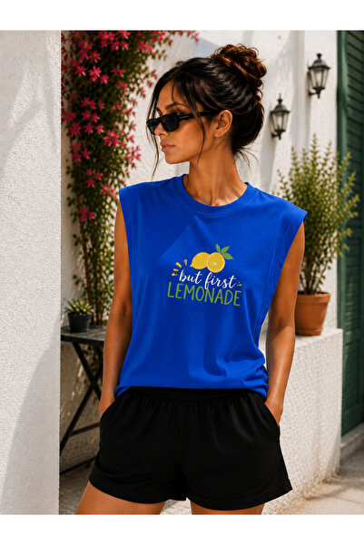 caddekombin Zero Sleeve Lemonade Printed Cotton Combed Crew Neck T-Shirt