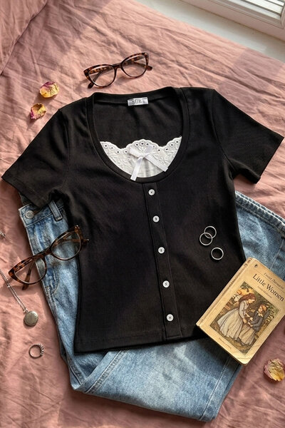 Şiir Meru Slim Fit Ornamental Buttoned Scallop U-Neck Bow Detail Short Sleeve...